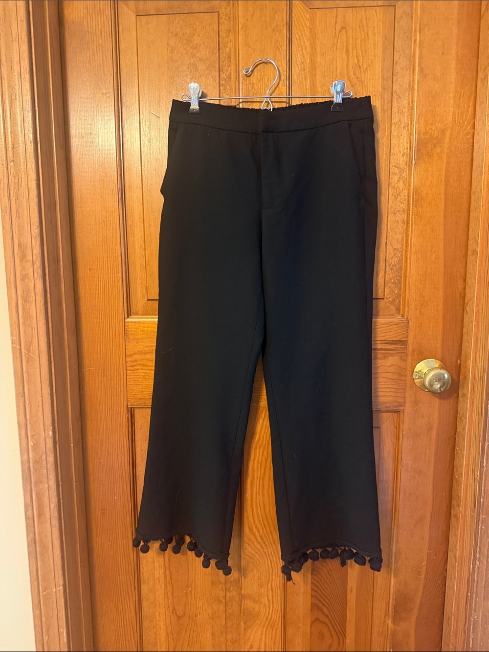 Zara Black Ankle Cropped Pants with Pom-Pom Trim